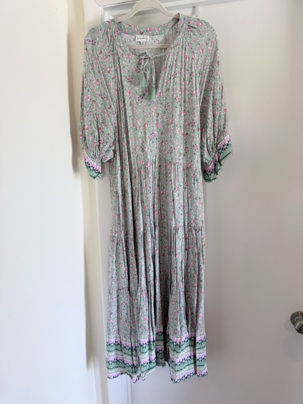 Wonderly Sage Floral Maxi Dress with Pink Details